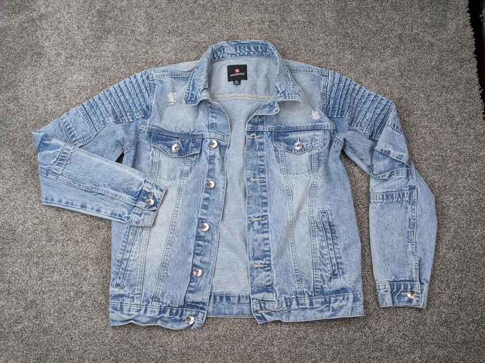 Southpole Denim Jacket Mens Medium Blue Distressed Moto Biker Jean Retro Style